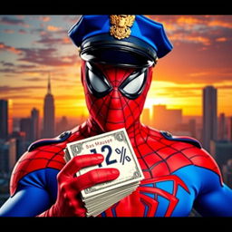 A dynamic scene featuring a superhero inspired by Spiderman, depicted as a police officer