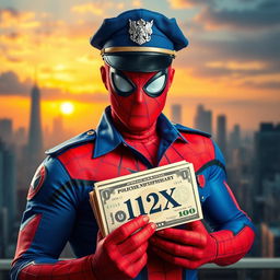 A dynamic scene featuring a superhero inspired by Spiderman, depicted as a police officer