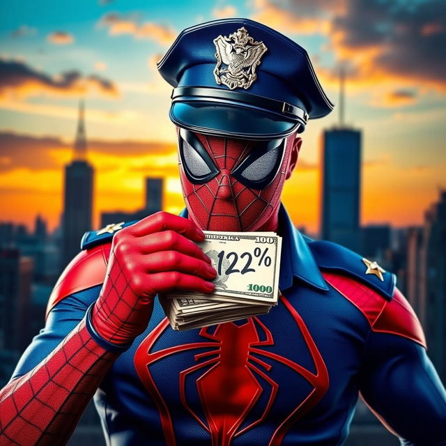 A dynamic scene featuring a superhero inspired by Spiderman, depicted as a police officer