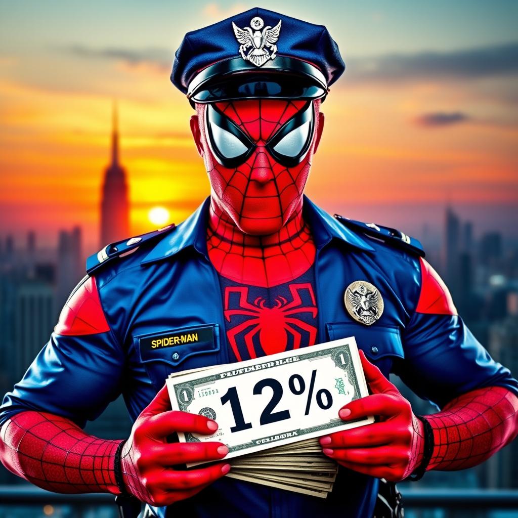 A dynamic scene featuring a superhero inspired by Spiderman, depicted as a police officer