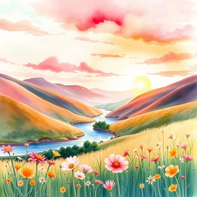 A beautiful watercolor painting featuring a serene landscape