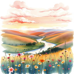 A beautiful watercolor painting featuring a serene landscape