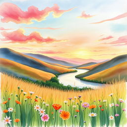 A beautiful watercolor painting featuring a serene landscape