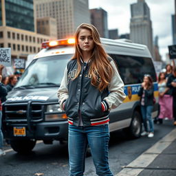 A determined varsity girl stands strong in front of a police van during a protest