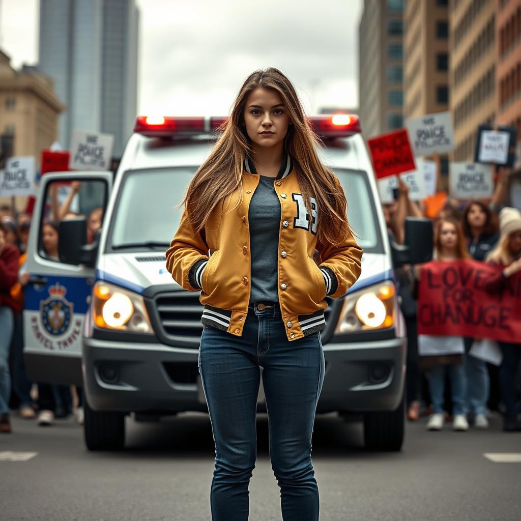 A determined varsity girl stands strong in front of a police van during a protest