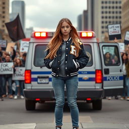 A determined varsity girl stands strong in front of a police van during a protest