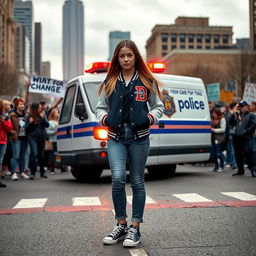 A determined varsity girl stands strong in front of a police van during a protest
