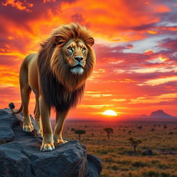 A majestic lion, standing proudly on a rocky cliff during a stunning sunset, with golden mane flowing in the breeze
