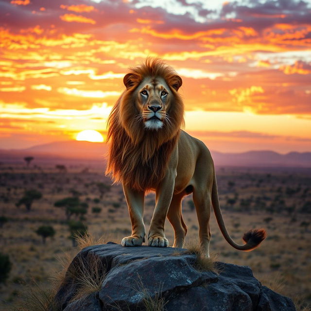 A majestic lion, standing proudly on a rocky cliff during a stunning sunset, with golden mane flowing in the breeze