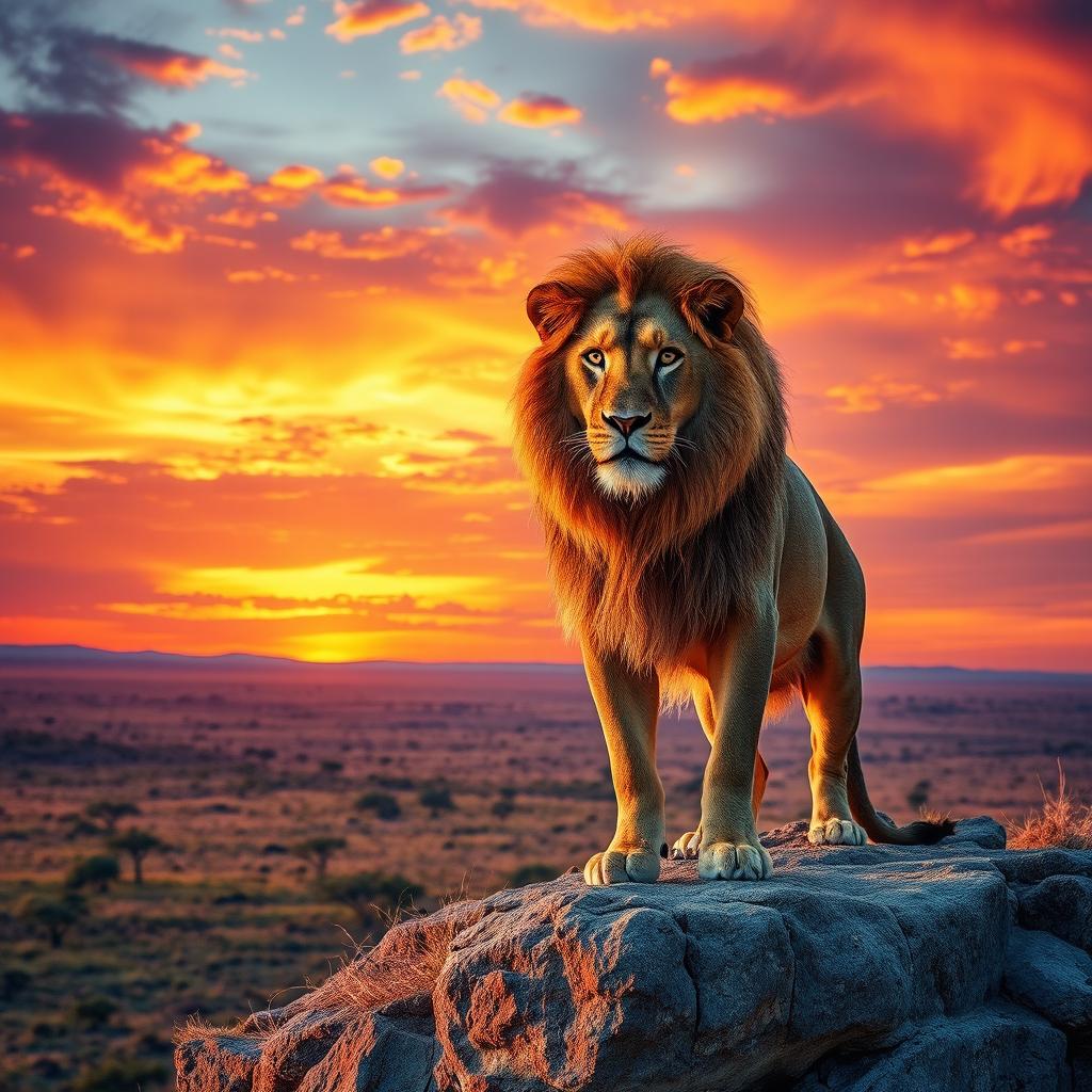 A majestic lion, standing proudly on a rocky cliff during a stunning sunset, with golden mane flowing in the breeze