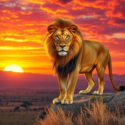 A majestic lion, standing proudly on a rocky cliff during a stunning sunset, with golden mane flowing in the breeze