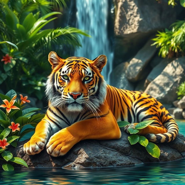 A majestic golden tiger resting on a rock, surrounded by lush green foliage and tropical flowers