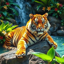 A majestic golden tiger resting on a rock, surrounded by lush green foliage and tropical flowers
