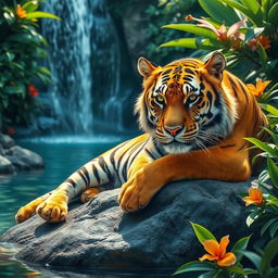 A majestic golden tiger resting on a rock, surrounded by lush green foliage and tropical flowers