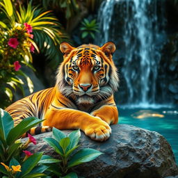 A majestic golden tiger resting on a rock, surrounded by lush green foliage and tropical flowers