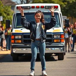 A strong varsity girl standing defiantly in front of a police van, raising her hands in a peaceful protest