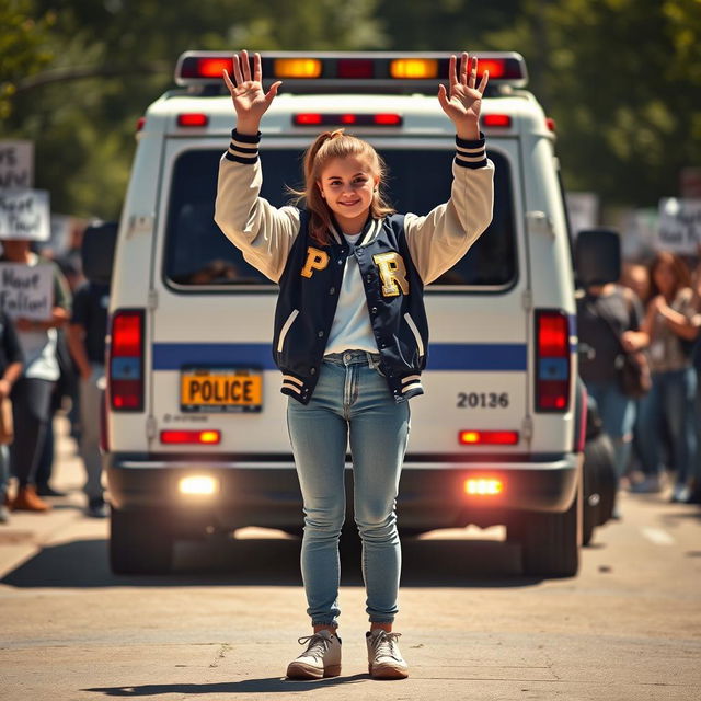 A strong varsity girl standing defiantly in front of a police van, raising her hands in a peaceful protest