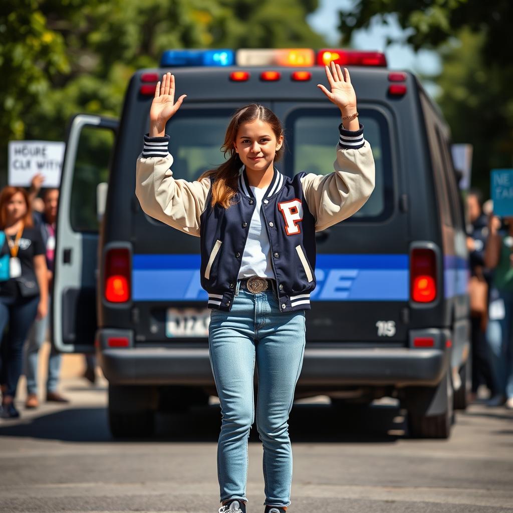 A strong varsity girl standing defiantly in front of a police van, raising her hands in a peaceful protest