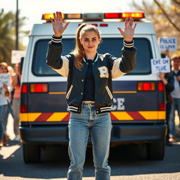 A strong varsity girl standing defiantly in front of a police van, raising her hands in a peaceful protest
