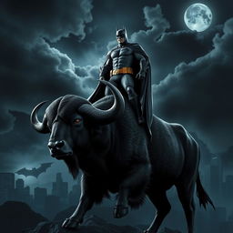 A striking scene featuring Batman standing heroically on top of a large, majestic buffalo
