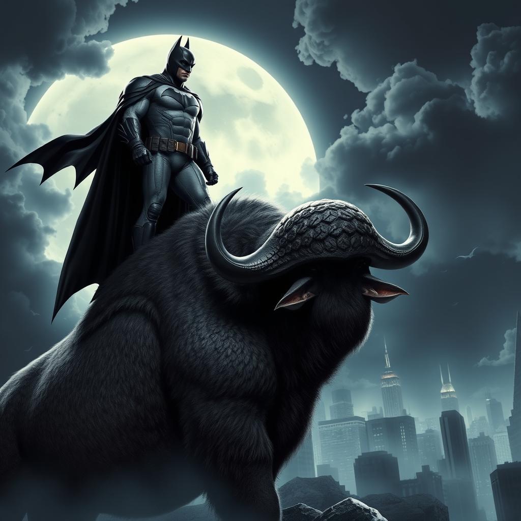 A striking scene featuring Batman standing heroically on top of a large, majestic buffalo