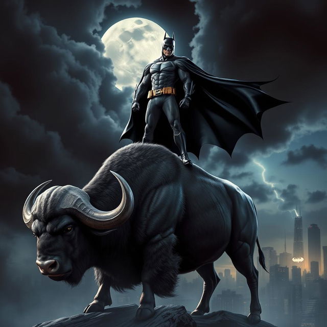 A striking scene featuring Batman standing heroically on top of a large, majestic buffalo