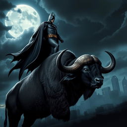 A striking scene featuring Batman standing heroically on top of a large, majestic buffalo