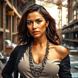 A striking image of a confident female architect standing inside a construction site, showcasing her empowering presence
