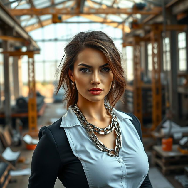 A striking image of a confident female architect standing inside a construction site, showcasing her empowering presence