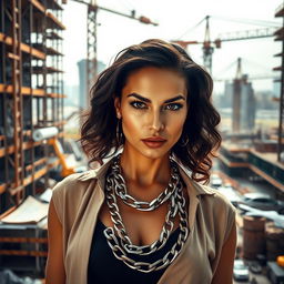 A striking image of a confident female architect standing inside a construction site, showcasing her empowering presence