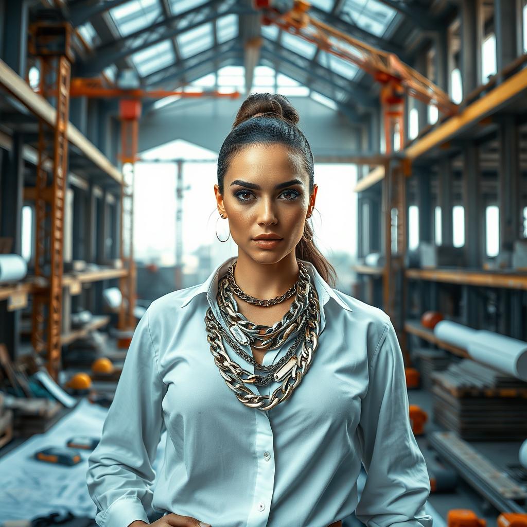 A striking image of a confident female architect standing inside a construction site, showcasing her empowering presence