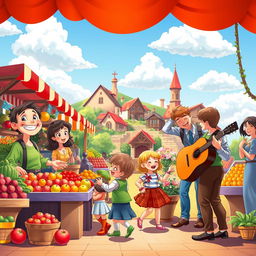 A vibrant stage scene depicting a lively marketplace during a sunny day