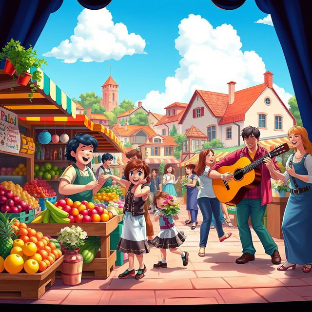 A vibrant stage scene depicting a lively marketplace during a sunny day