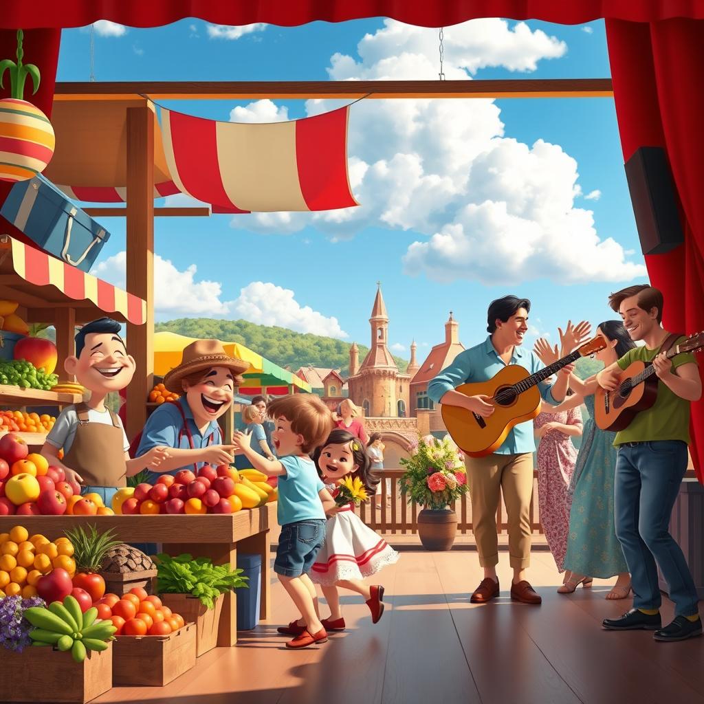 A vibrant stage scene depicting a lively marketplace during a sunny day