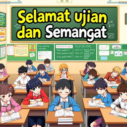 A vibrant and colorful poster depicting anime-style students studying and taking exams