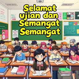 A vibrant and colorful poster depicting anime-style students studying and taking exams