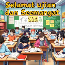 A vibrant and colorful poster depicting anime-style students studying and taking exams