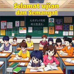 A vibrant and colorful poster depicting anime-style students studying and taking exams