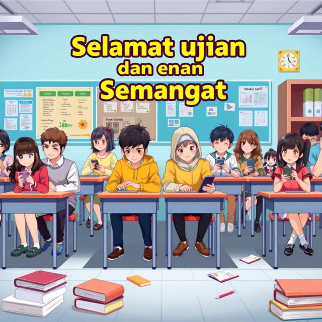 A vibrant and colorful poster design featuring anime-style characters sitting at desks, focused on taking exams while using cellphones