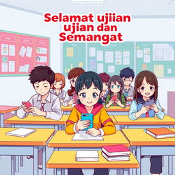A vibrant and colorful poster design featuring anime-style characters sitting at desks, focused on taking exams while using cellphones