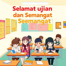 A vibrant and colorful poster design featuring anime-style characters sitting at desks, focused on taking exams while using cellphones