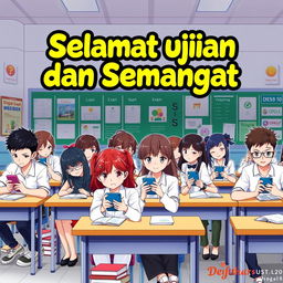 A vibrant and colorful poster design featuring anime-style characters sitting at desks, focused on taking exams while using cellphones