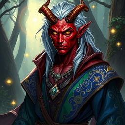 A male Tiefling draconic Sorcerer with striking silver hair that cascades down his shoulders