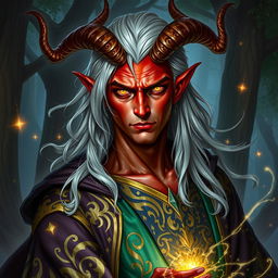 A male Tiefling draconic Sorcerer with striking silver hair that cascades down his shoulders