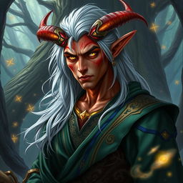 A male Tiefling draconic Sorcerer with striking silver hair that cascades down his shoulders