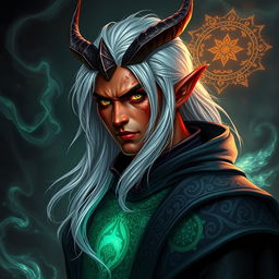 A male Tiefling draconic Sorcerer with mesmerizing silver hair that flows elegantly down his back