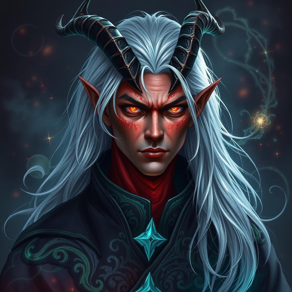 A male Tiefling draconic Sorcerer with mesmerizing silver hair that flows elegantly down his back