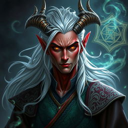 A male Tiefling draconic Sorcerer with mesmerizing silver hair that flows elegantly down his back