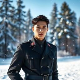 A portrait of Oh Sehun, a handsome young man with sharp features and a charismatic presence, dressed in a stylish military uniform amidst a snowy landscape
