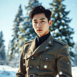 A portrait of Oh Sehun, a handsome young man with sharp features and a charismatic presence, dressed in a stylish military uniform amidst a snowy landscape